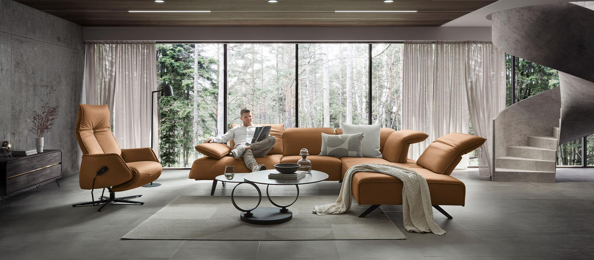 ECKSOFA Echtleder Cognac  - Cognac/Anthrazit, Design, Leder/Metall (290/230cm) - Johann Jakob