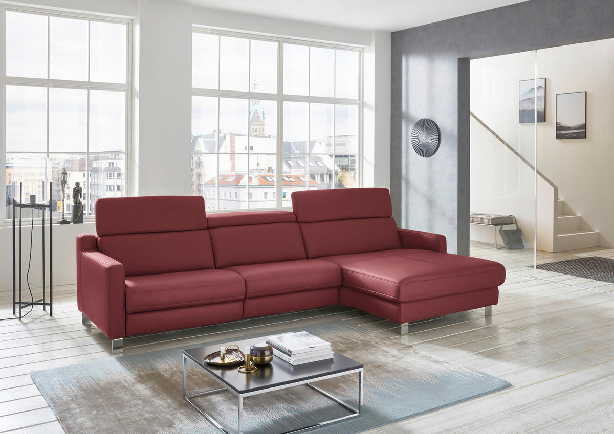 ECKSOFA Echtleder Dunkelrot  - Chromfarben/Dunkelrot, Design, Leder/Metall (291/176cm) - Valdera