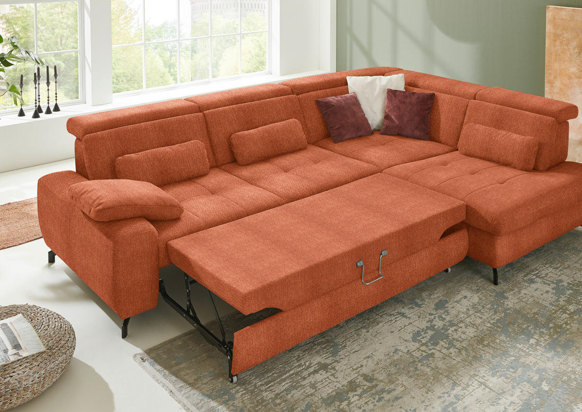 ECKSOFA in Chenille Terracotta  - Terracotta/Schwarz, Design, Textil/Metall (310/220cm) - Beldomo Style