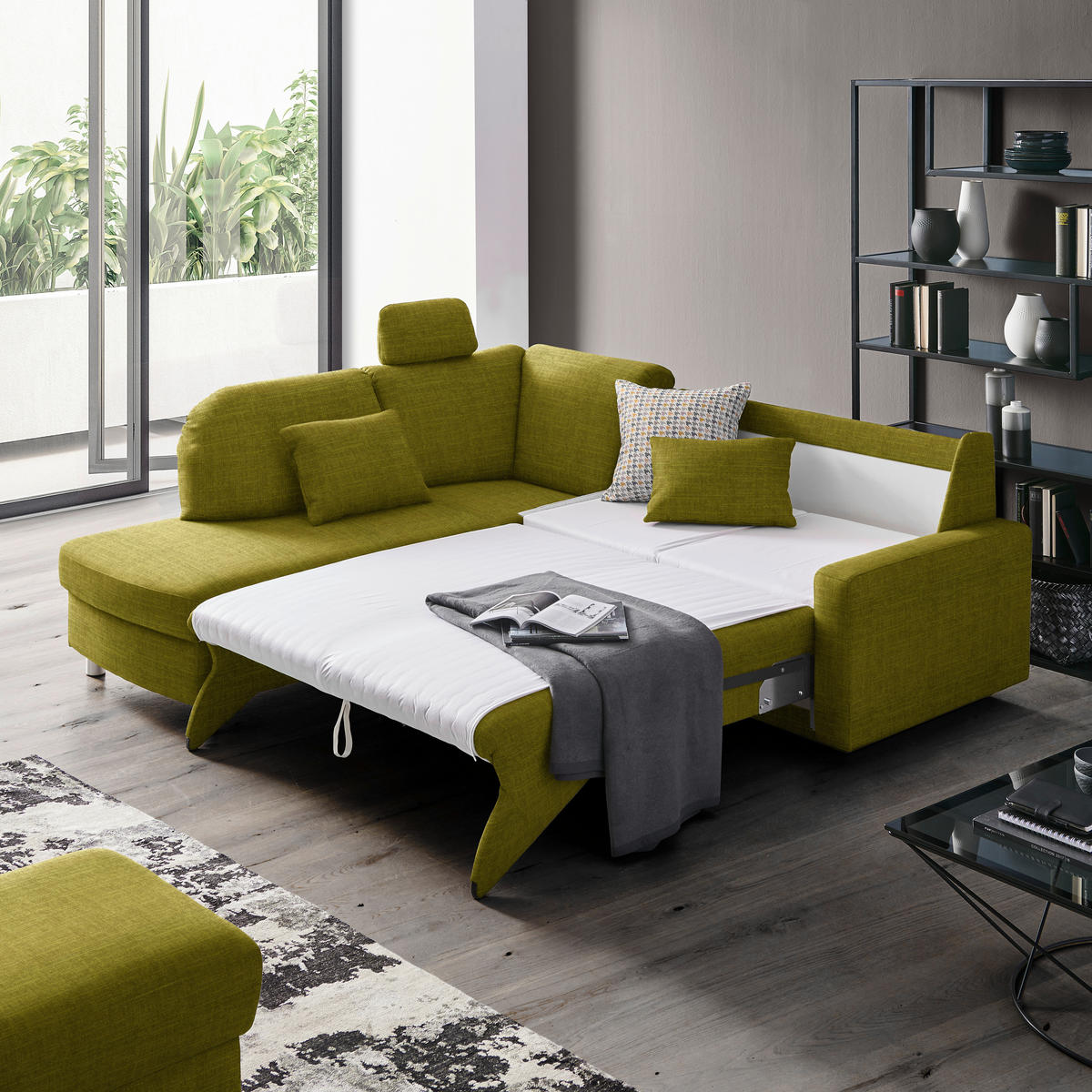 ECKSOFA in Chenille Grün  208/227 cm  - Alufarben/Grün, KONVENTIONELL, Textil/Metall (208/227cm) - Sedda