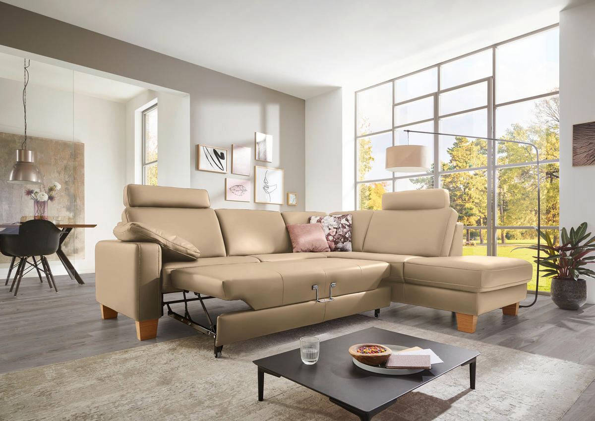 ECKSOFA in Echtleder Beige  - Eiche Bianco/Beige, Konventionell, Leder/Holz (257/235cm) - Valdera
