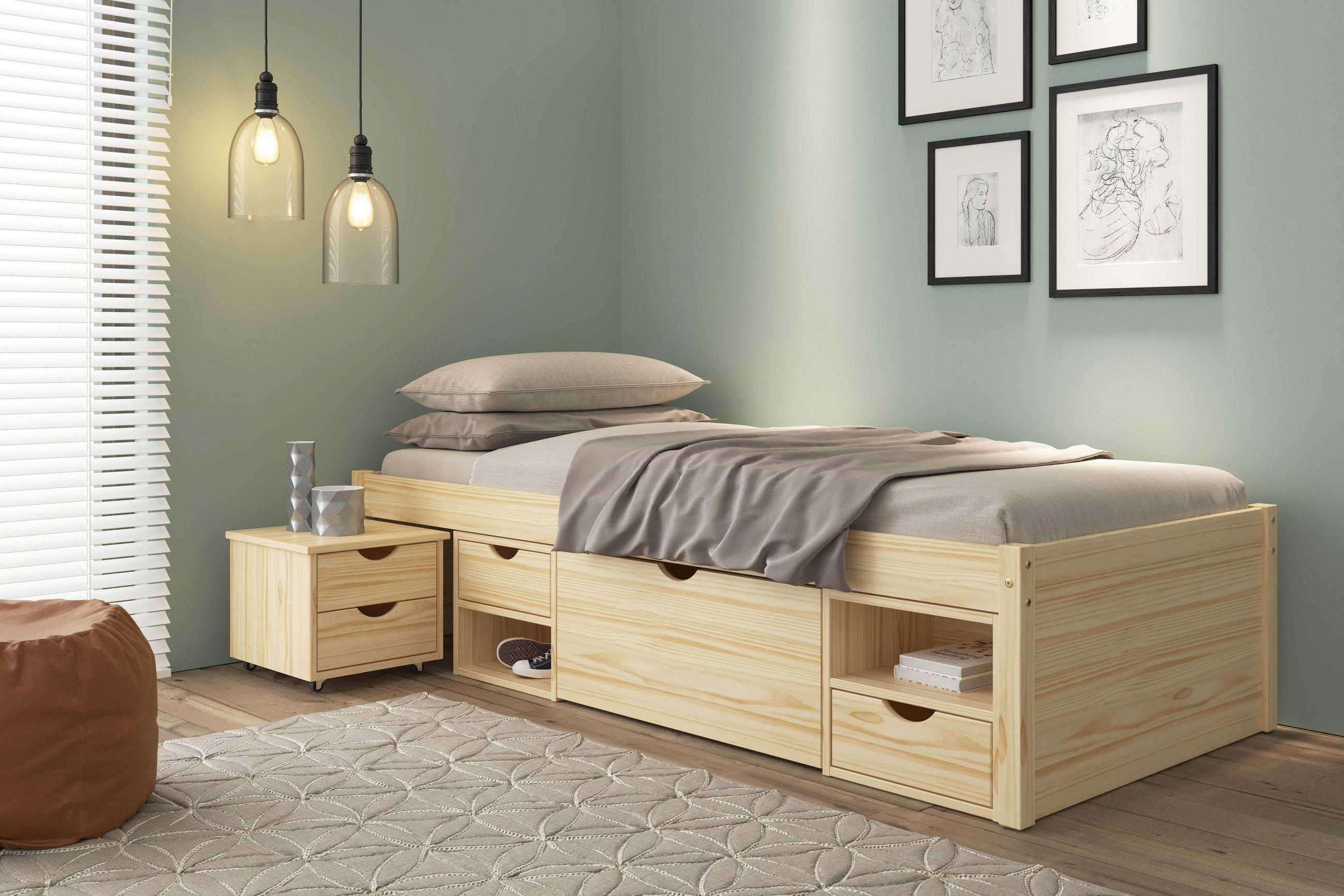 Stauraumbett mit Nachtkästchen  in Naturfarben  - Naturfarben, Basics, Holz (90/200cm) - MID.YOU