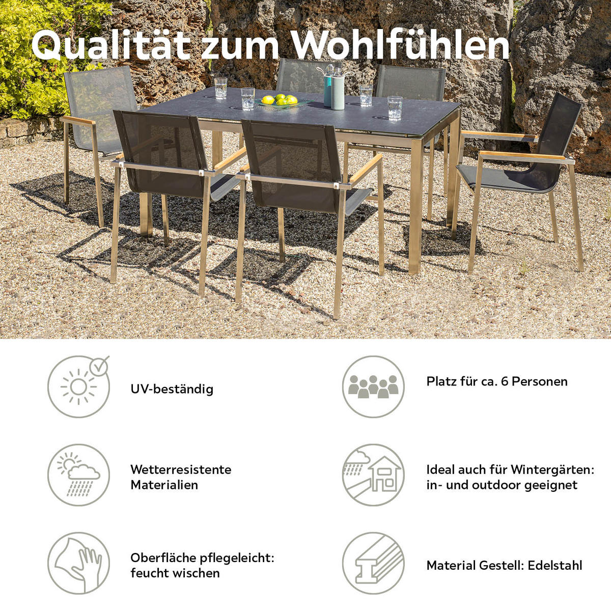 DINING-LOUNGESET  - Silberfarben/Grau, Basics, Glas/Holz (160/74/90cm) - Gardenson