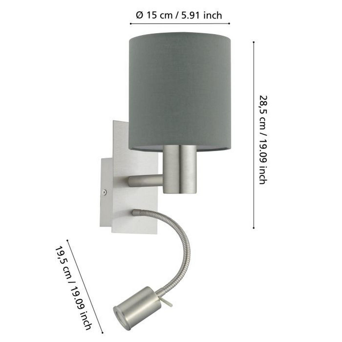 ZIDNA LAMPA PASTERI  - svetlosiva, Osnovno, metal/tekstil (38cm)