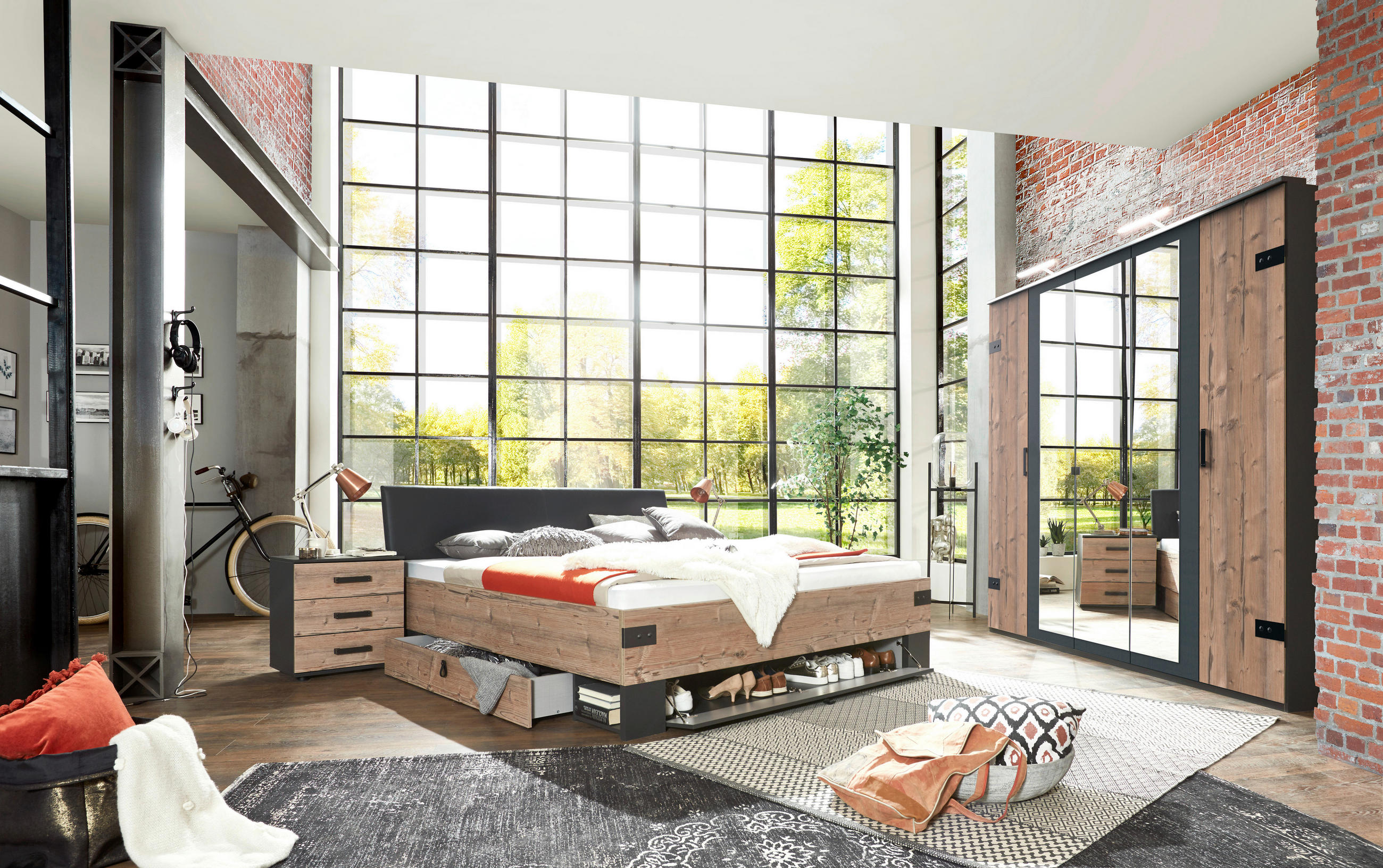 DREHTÜRENSCHRANK 225/210/58 cm 5-türig Graphitfarben, Fichtefarben  - Fichtefarben/Eichefarben, Trend, Glas/Holzwerkstoff (225/210/58cm) - MID.YOU