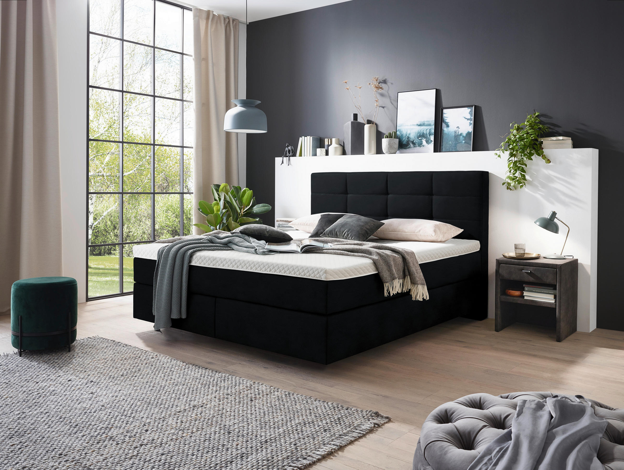 Thumbnail - Voleo Boxspringbett, Schwarz, Textil, H2 + H3, 7-Zonen, Höhe ca. 18 cm, 160x200 cm, Über- und Sondergrößen erhältlich, g...