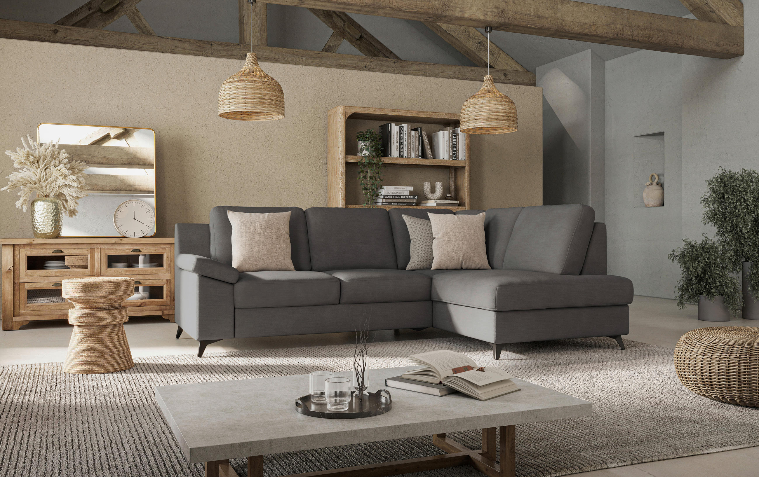 ECKSOFA in Flachgewebe Dunkelgrau - Dunkelgrau/Schwarz, Konventionell, Textil/Metall (242/170cm) - Cotta