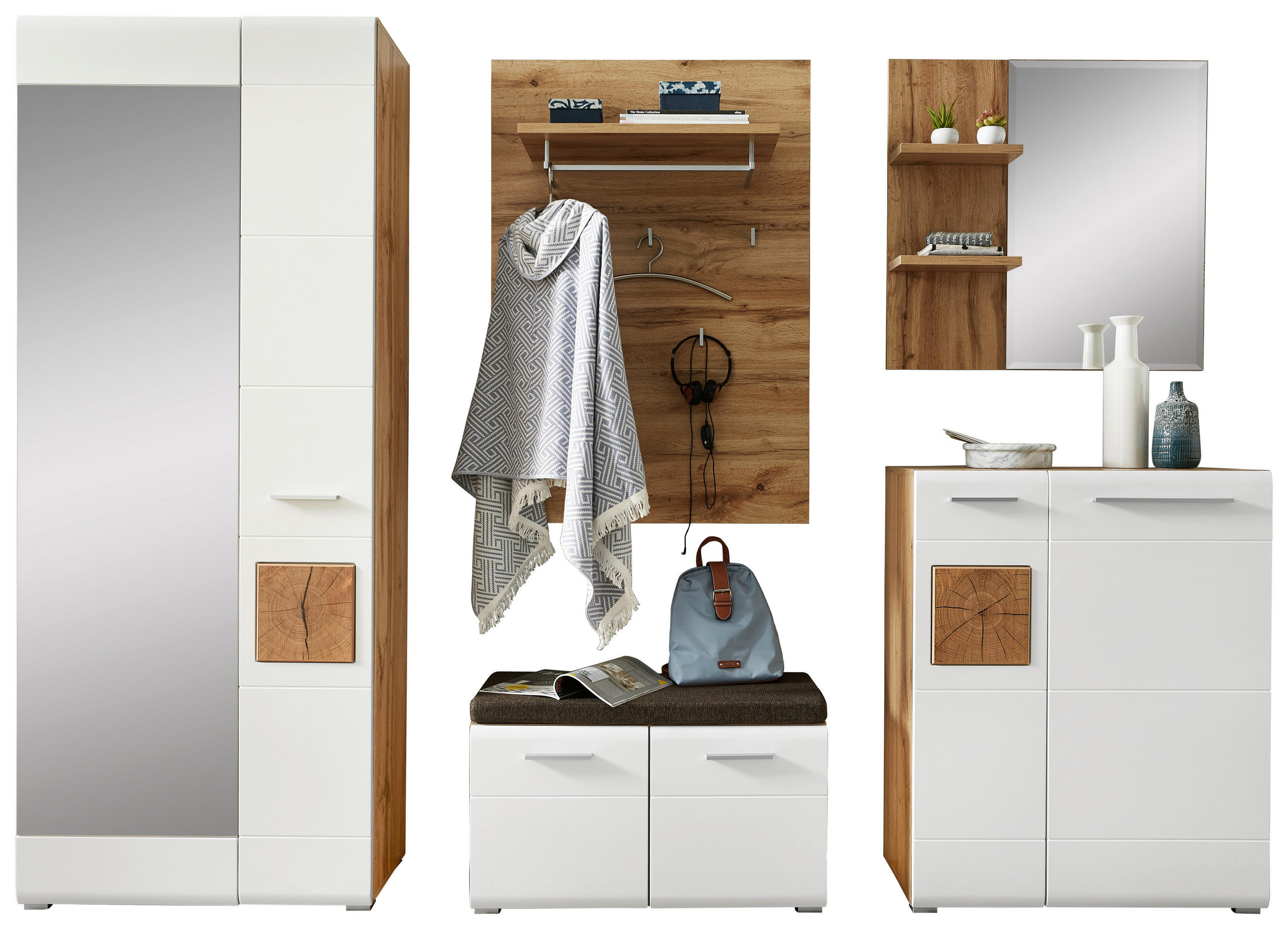 GARDEROBE 7-teilig  in 270/201/37 cm  - Eichefarben/Weiß, KONVENTIONELL, Holzwerkstoff/Textil (270/201/37cm) - Voleo