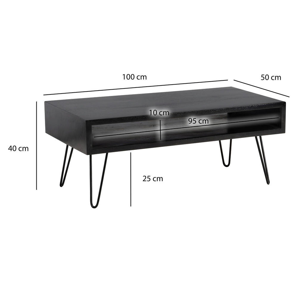 Thumbnail - Mid.you Couchtisch, Schwarz, Holz, Mangoholz, massiv, rechteckig, Haarnadel, 50x40x100 cm, Stauraum, offenes Fach, Wohnz...