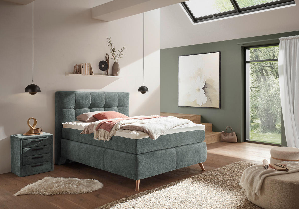 BOXSPRINGBETT 120/200 cm,  in Grün, H4 = sehr fest  - Alteiche/Grün, KONVENTIONELL, Holz/Textil (120/200cm) - Voleo