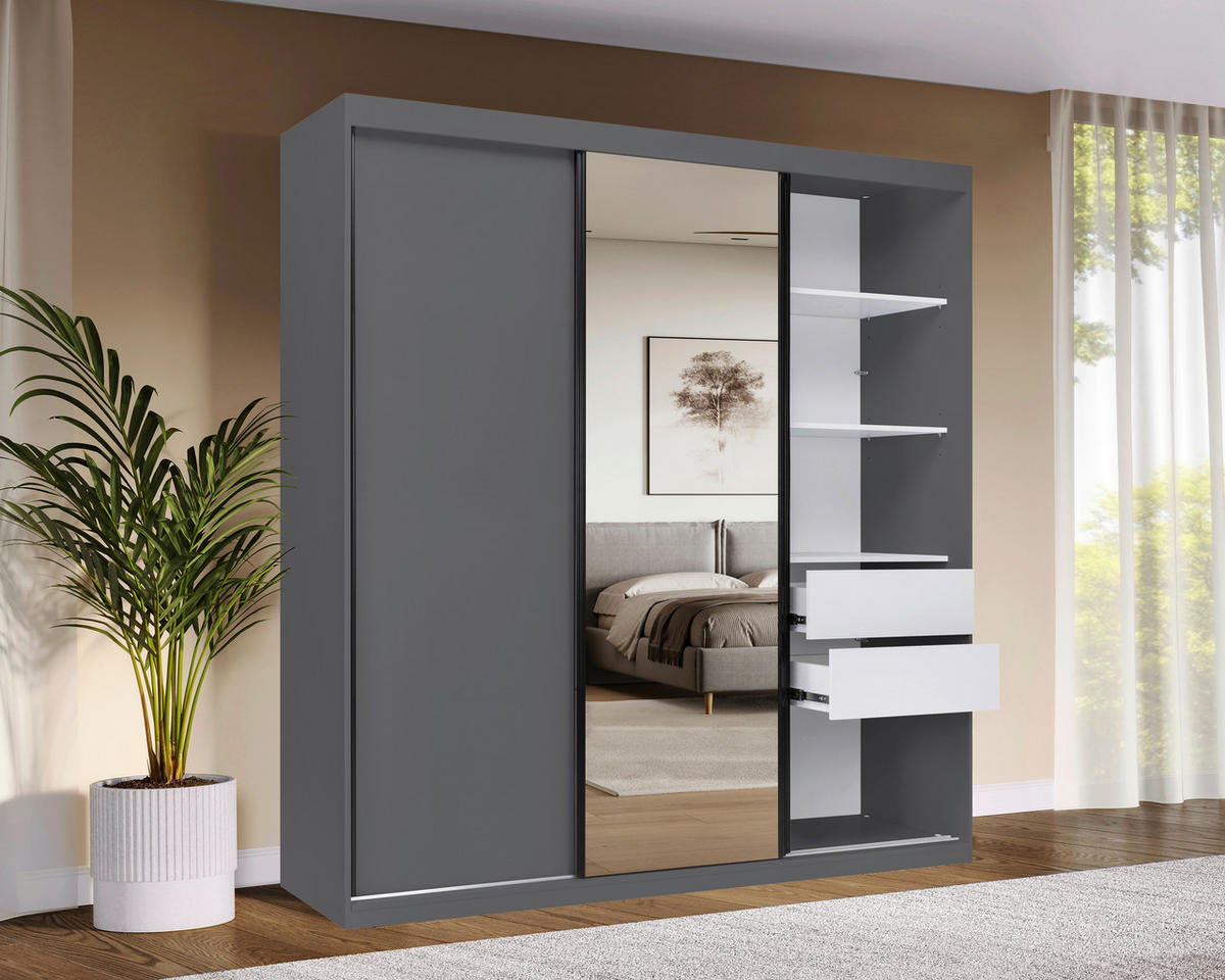 SCHIEBETÜRENSCHRANK 200/215/59,5 cm 3-türig  - Schwarz/Graphitfarben, MODERN, Holzwerkstoff/Metall (200/215/59,5cm) - MID.YOU