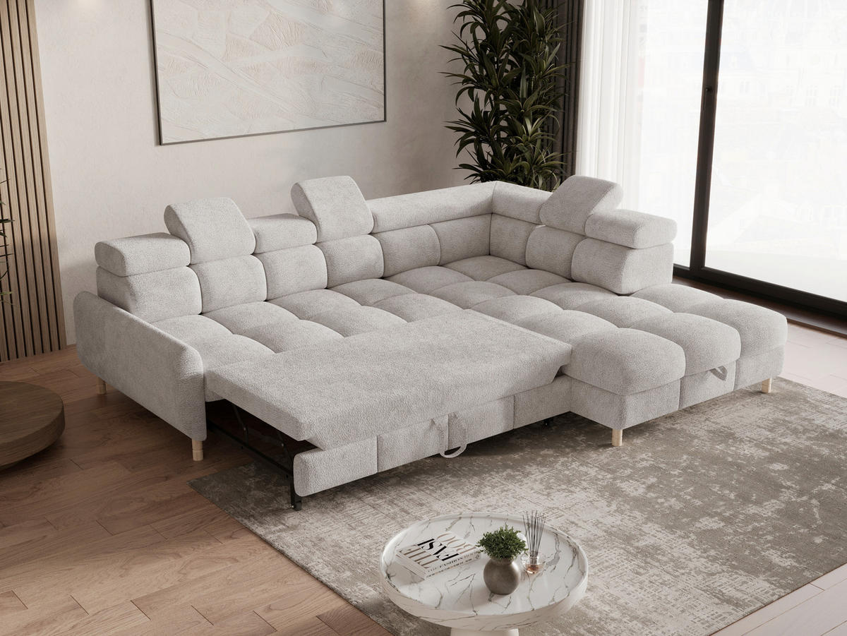 ECKSOFA BUN in Bouclé Hellgrau  - Elfenbein/Hellgrau, Design, Holz/Textil (276/209cm) - MID.YOU