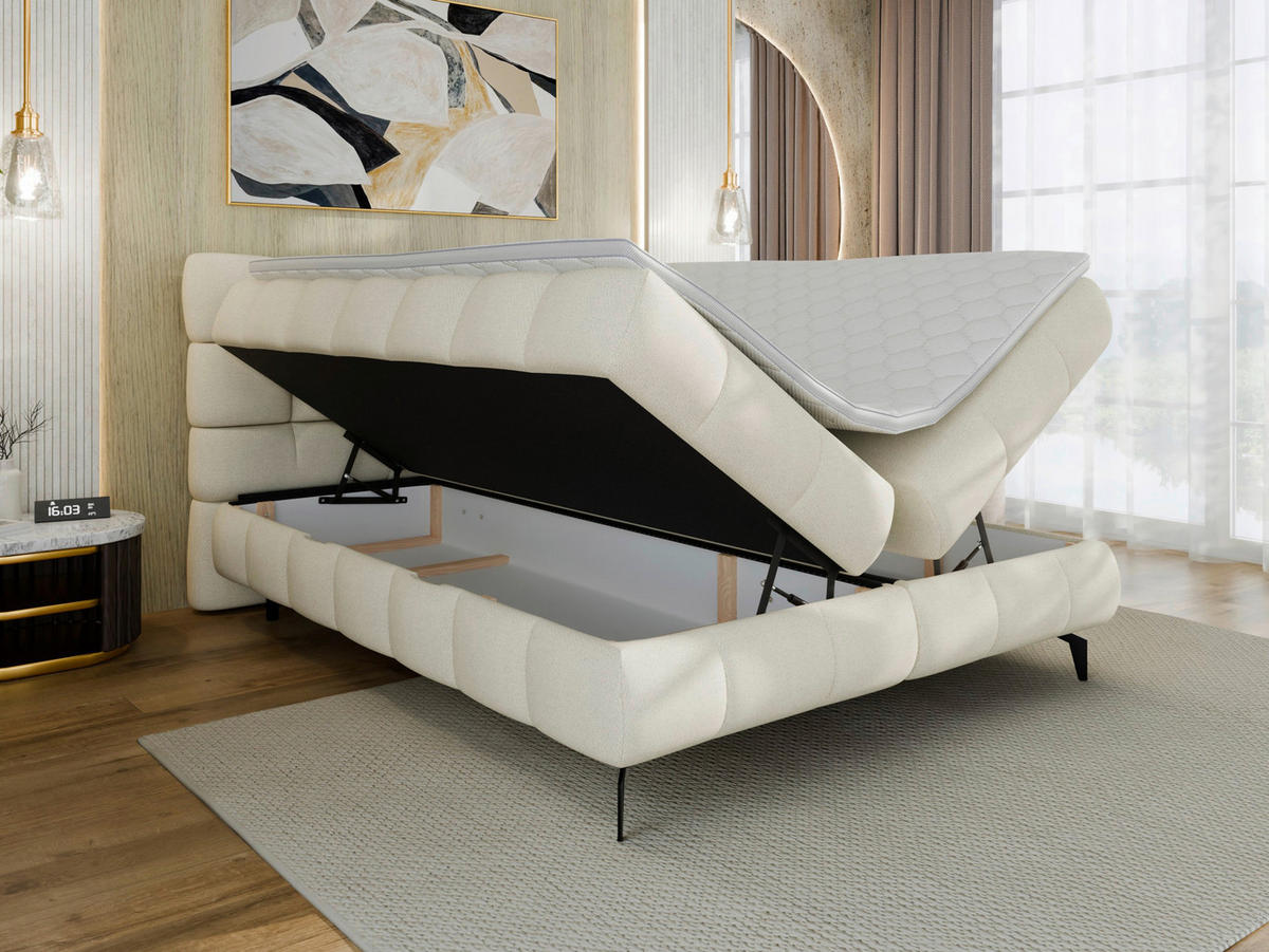 BOXBETT 140/200 cm,  in Weiß, Bettkasten, Topper, H3 + H3 = fest  - Schwarz/Weiß, Trend, Textil/Metall (140/200cm) - Esposa