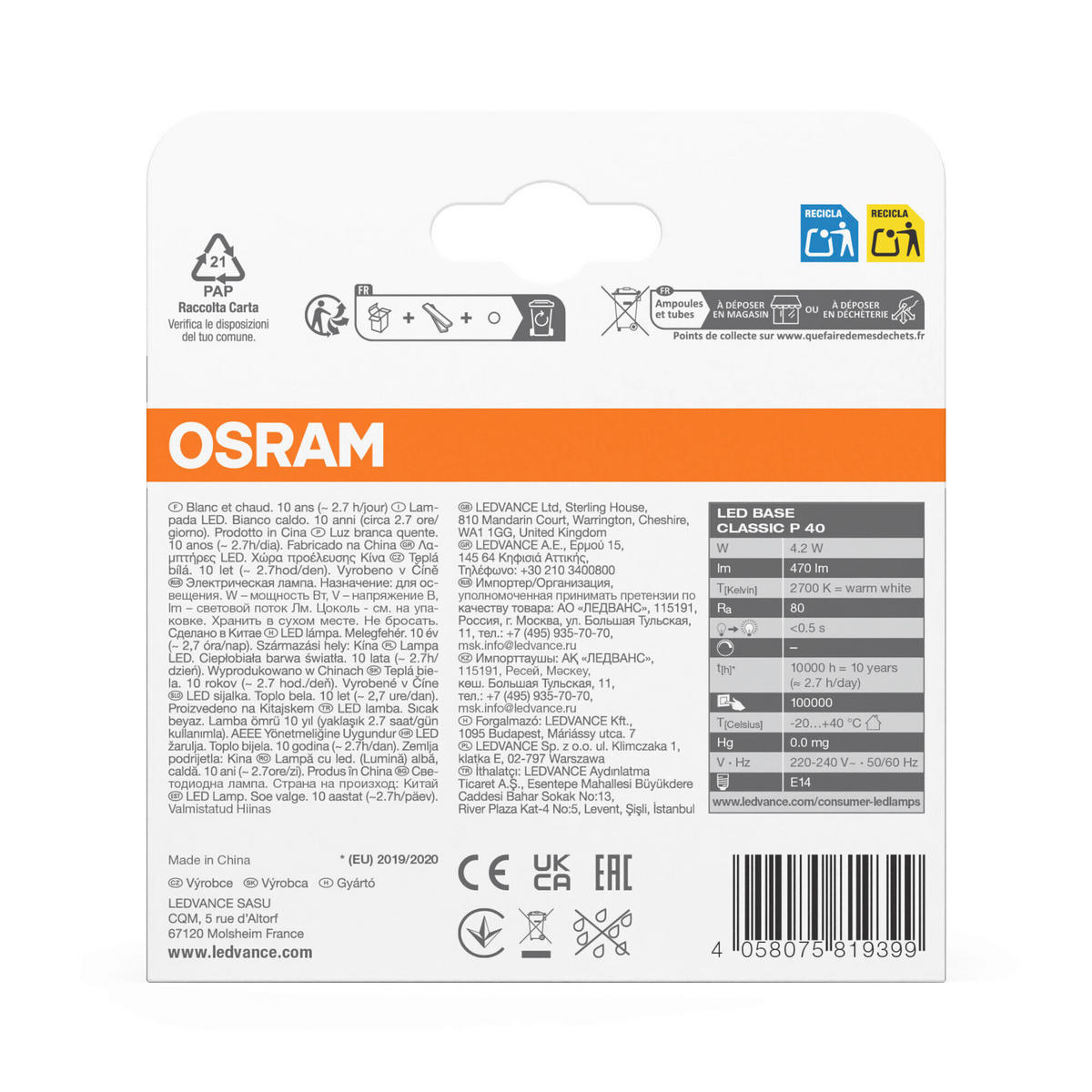 LED-LEUCHTMITTEL   E14 4,2 W 470 lm  - Weiß, Basics, Glas (4,5/8,4cm) - Osram