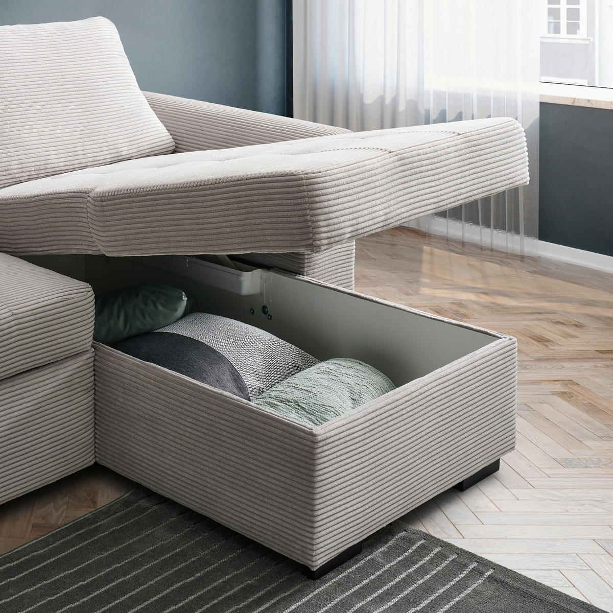 ECKSOFA in Cord, Velours Hellgrau  - Hellgrau/Schwarz, Design, Kunststoff/Textil (243/155cm) - Xora