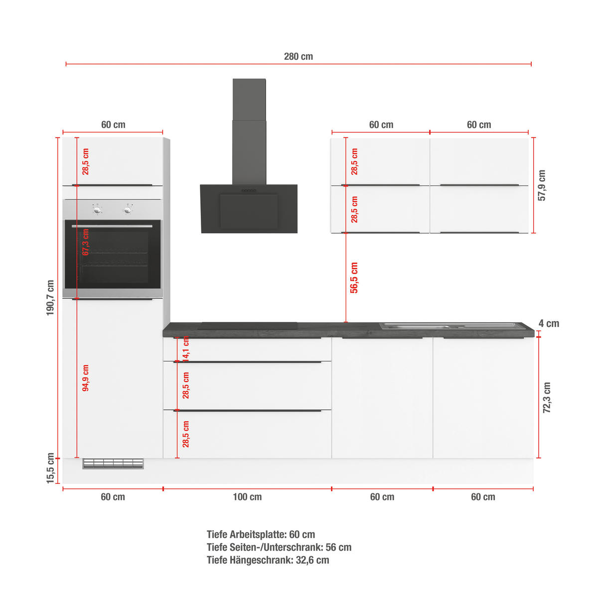 KÜCHENLEERBLOCK 280 cm   in Weiß  - Eiche dunkel/Schwarz, Design, Holzwerkstoff/Metall (280cm) - Impuls