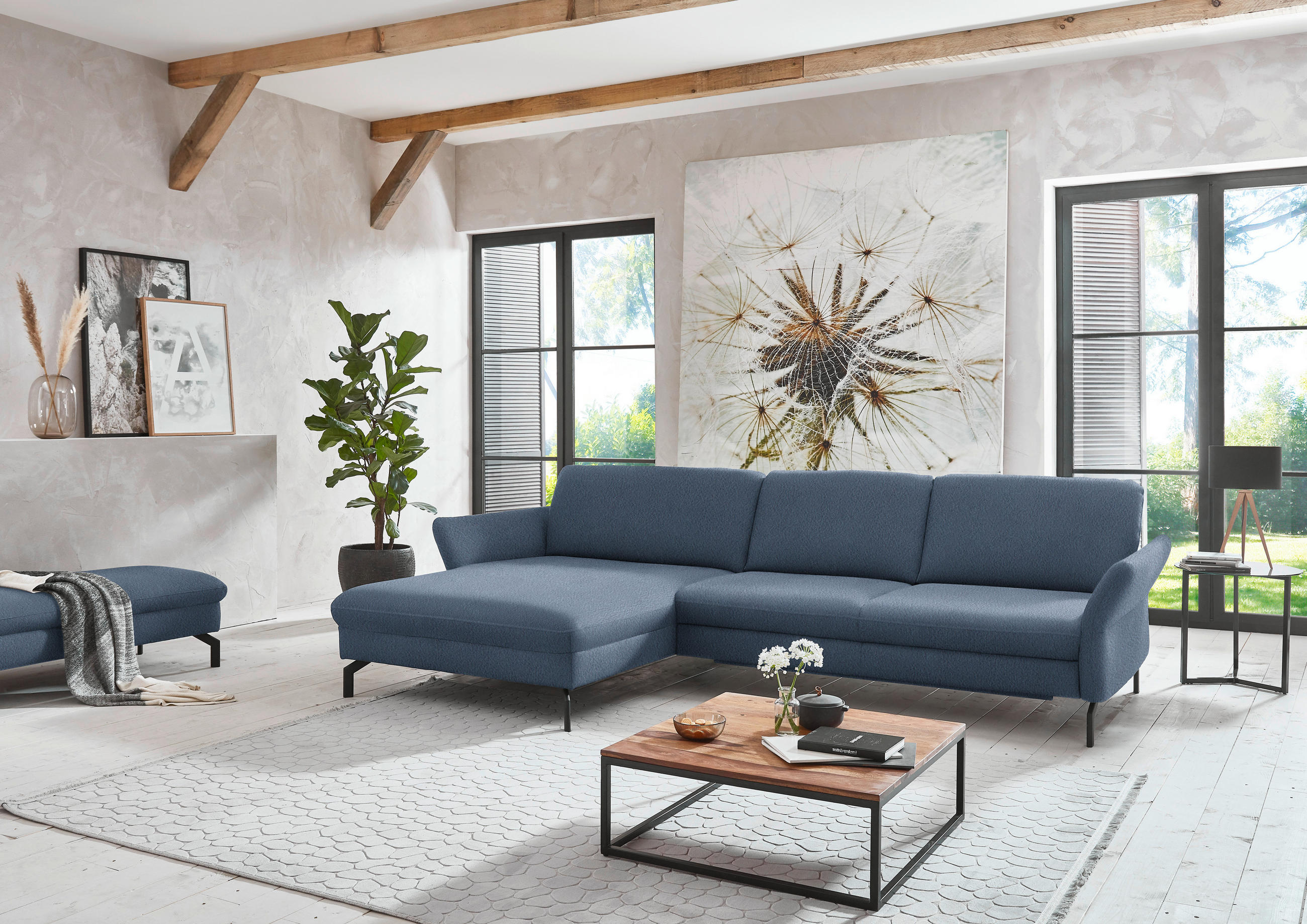 ECKSOFA in Velours Blau  - Blau/Schwarz, Design, Textil/Metall (179/306cm) - Beldomo System