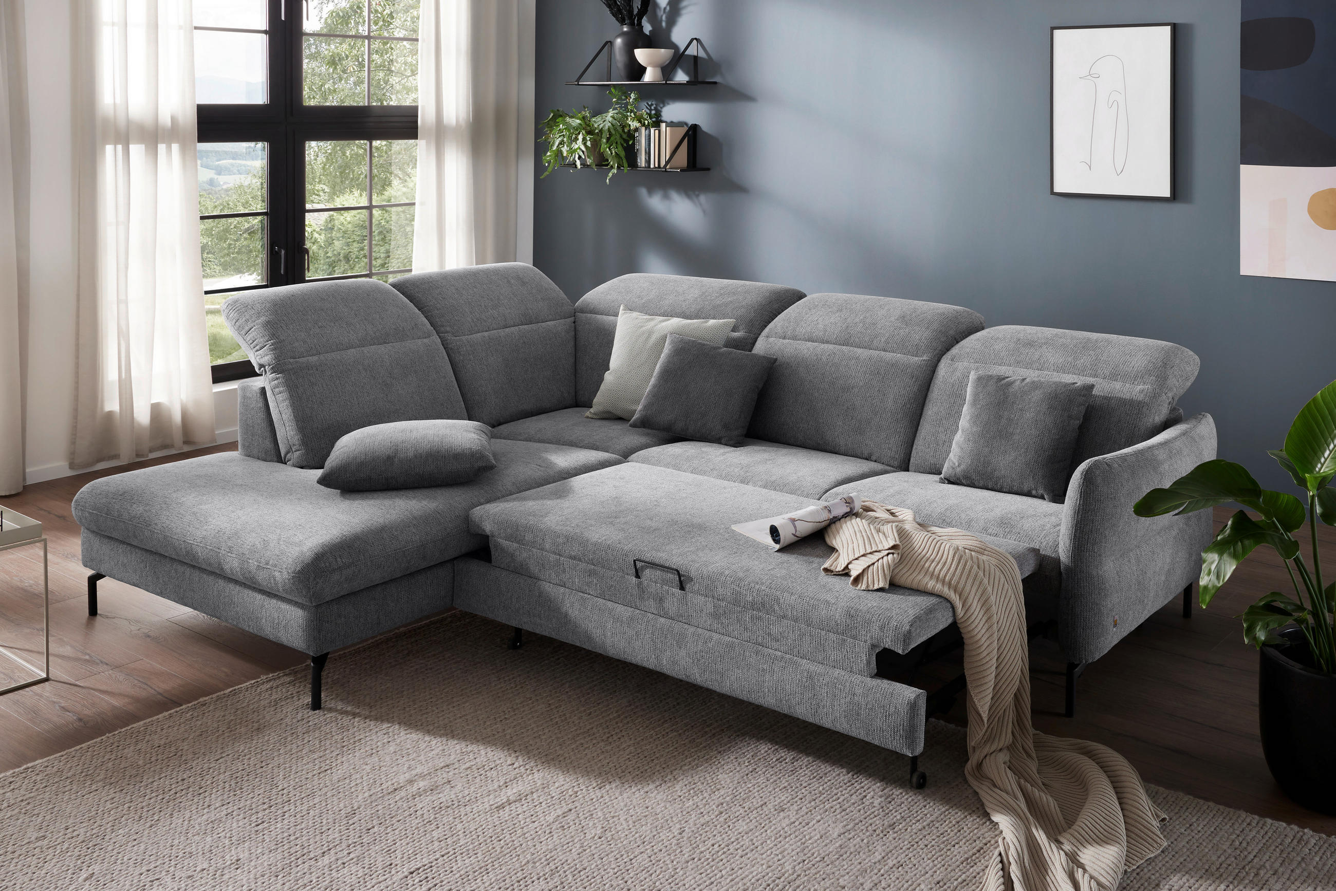 Thumbnail - Dieter Knoll Wohnlandschaft Atlanta 2.0, Grau, Textil, 3-Sitzer, Ottomane rechts, L-Form, 299x233 cm, Fußauswahl, Ledera...