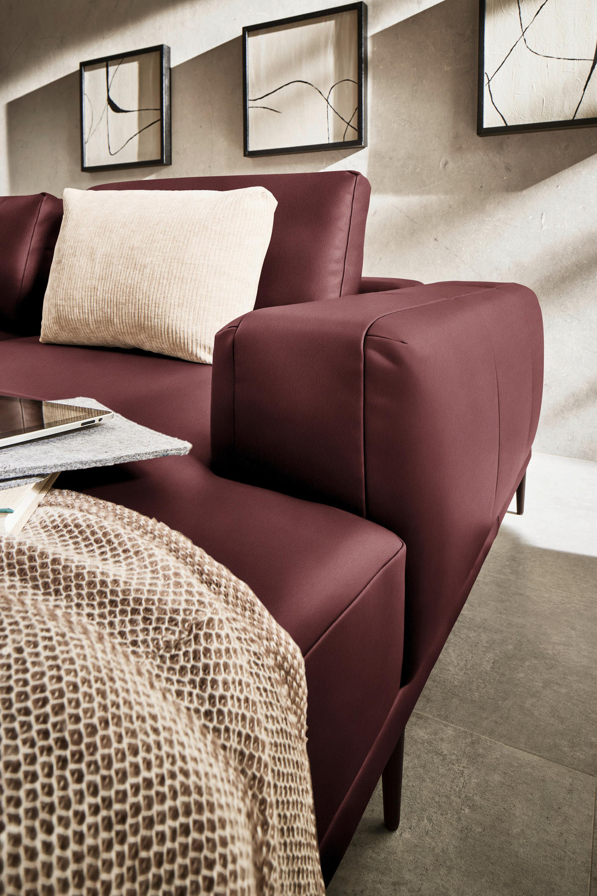 ECKSOFA Echtleder Bordeaux  - Bordeaux/Schwarz, Design, Leder/Metall (304/201cm) - Belluti