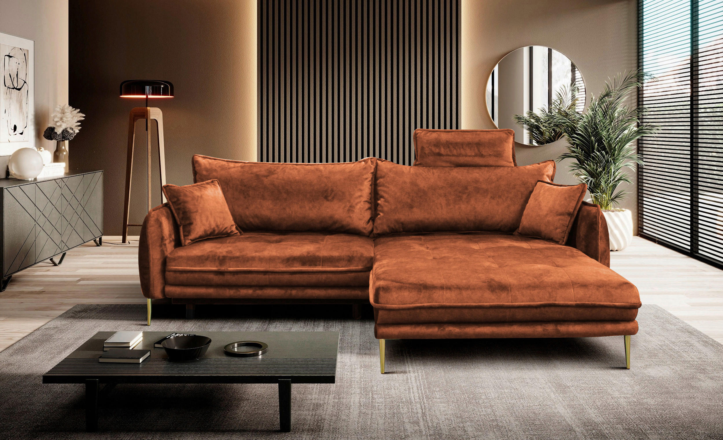 ECKSOFA in Velours Rostfarben  264/196 cm  - Rostfarben/Goldfarben, Design, Textil/Metall (264/196cm) - MID.YOU