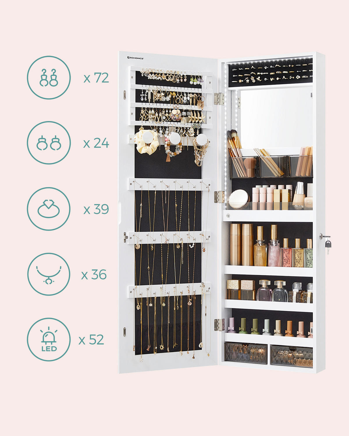 SCHMUCKSCHRANK 37,5/108/9,7 cm  - Roségold/Weiß, LIFESTYLE, Glas/Holzwerkstoff (37,5/108/9,7cm)
