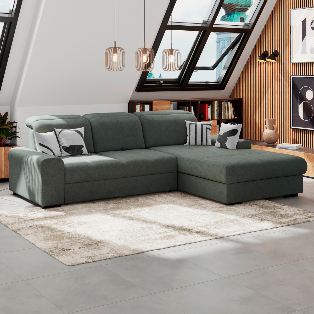 ECKSOFA Grün Chenille Rücken echt, Kopfteilverstellung  - Schwarz/Grün, KONVENTIONELL, Holz/Textil (286/203cm) - MID.YOU