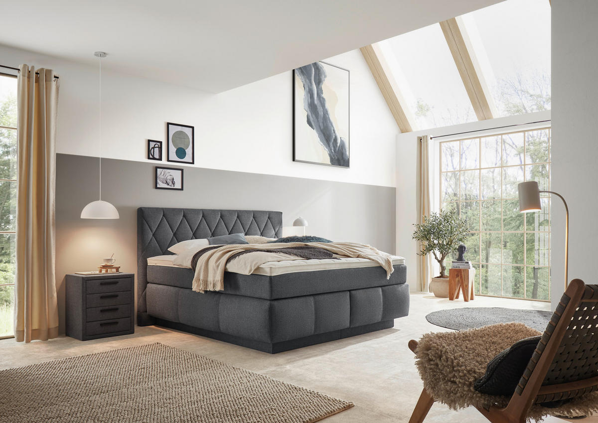 BOXSPRINGBETT 180/200 cm,  in Dunkelblau, Matratze, Topper, unterschiedliche Matratzenhärtegrade je Bettseite, H2 + H3 = mittel + fest  - Schwarz/Dunkelblau, KONVENTIONELL, Holz/Kunststoff (180/200cm) - Voleo