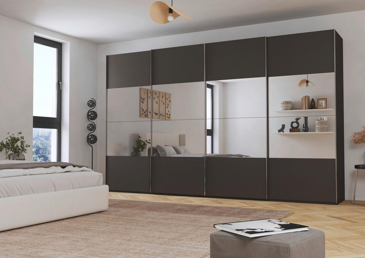 SCHWEBETÜRENSCHRANK 361/223/68 cm 4-türig Graphitfarben  - Chromfarben/Graphitfarben, Design, Glas/Holzwerkstoff (361/223/68cm) - Novel