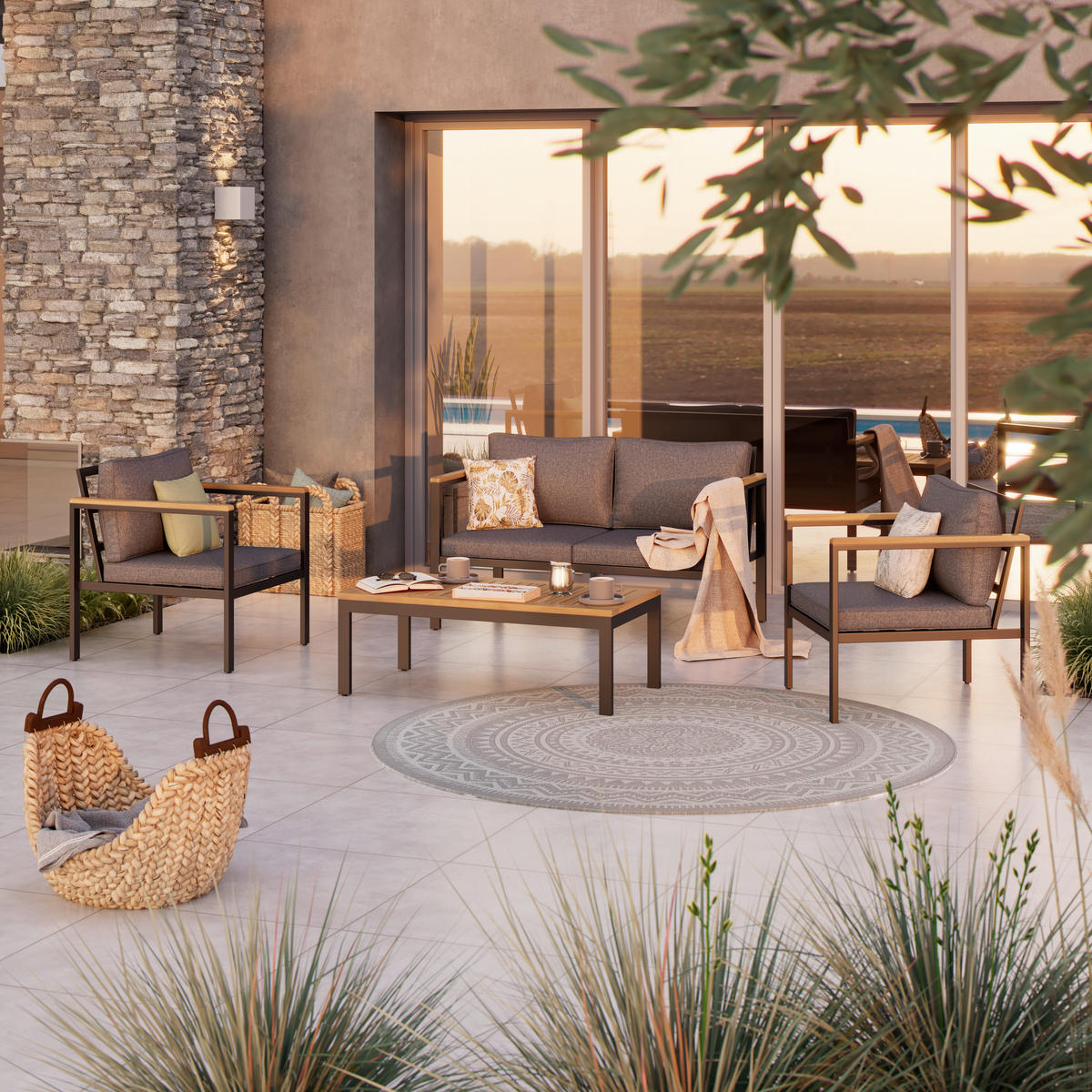 KERTI BÚTORSZETT 4 részes  - akáciaszínű/fekete, Konventionell, textil/fa (90/50/40cm) - Ambia Garden