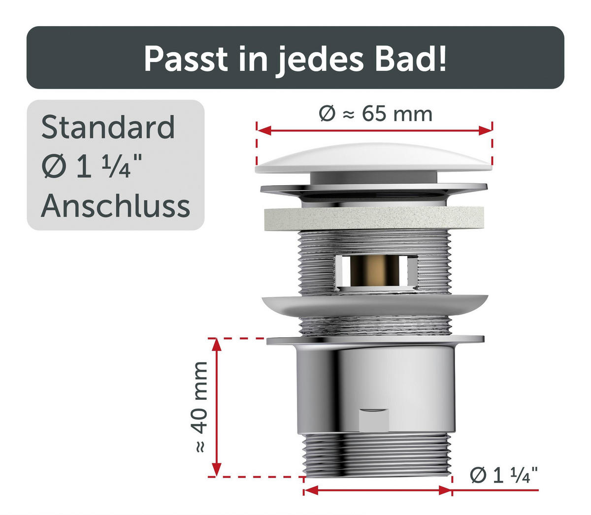 ABLAUFVENTIL  - Chromfarben/Weiß, Basics, Metall (6,5cm) - Schütte