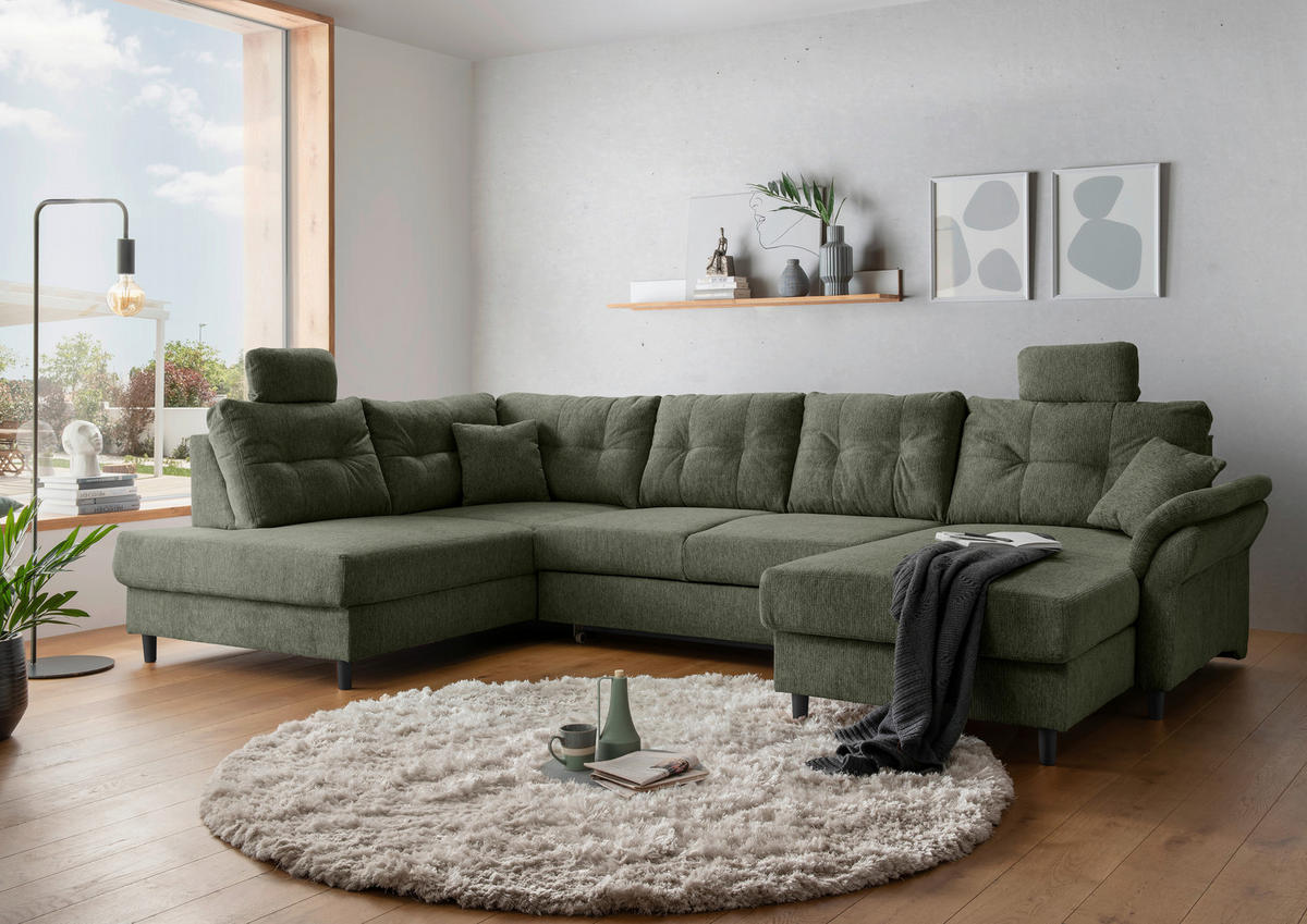 WOHNLANDSCHAFT in Chenille Dunkelgrün  - Dunkelgrün/Schwarz, Modern, Holz/Textil (206/338/176cm) - Livetastic