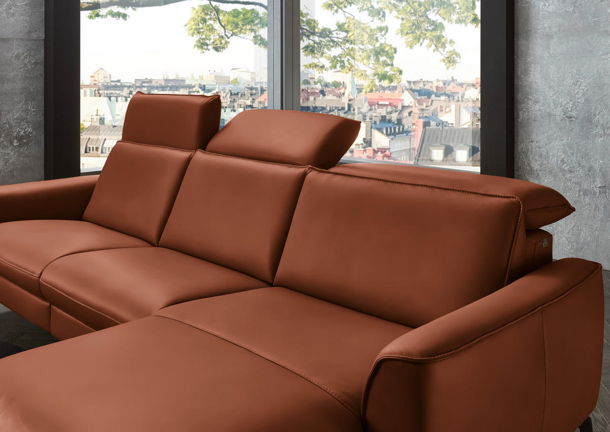ECKSOFA in Echtleder Cognac  - Cognac/Schwarz, Natur, Leder/Metall (281/168cm) - Valdera