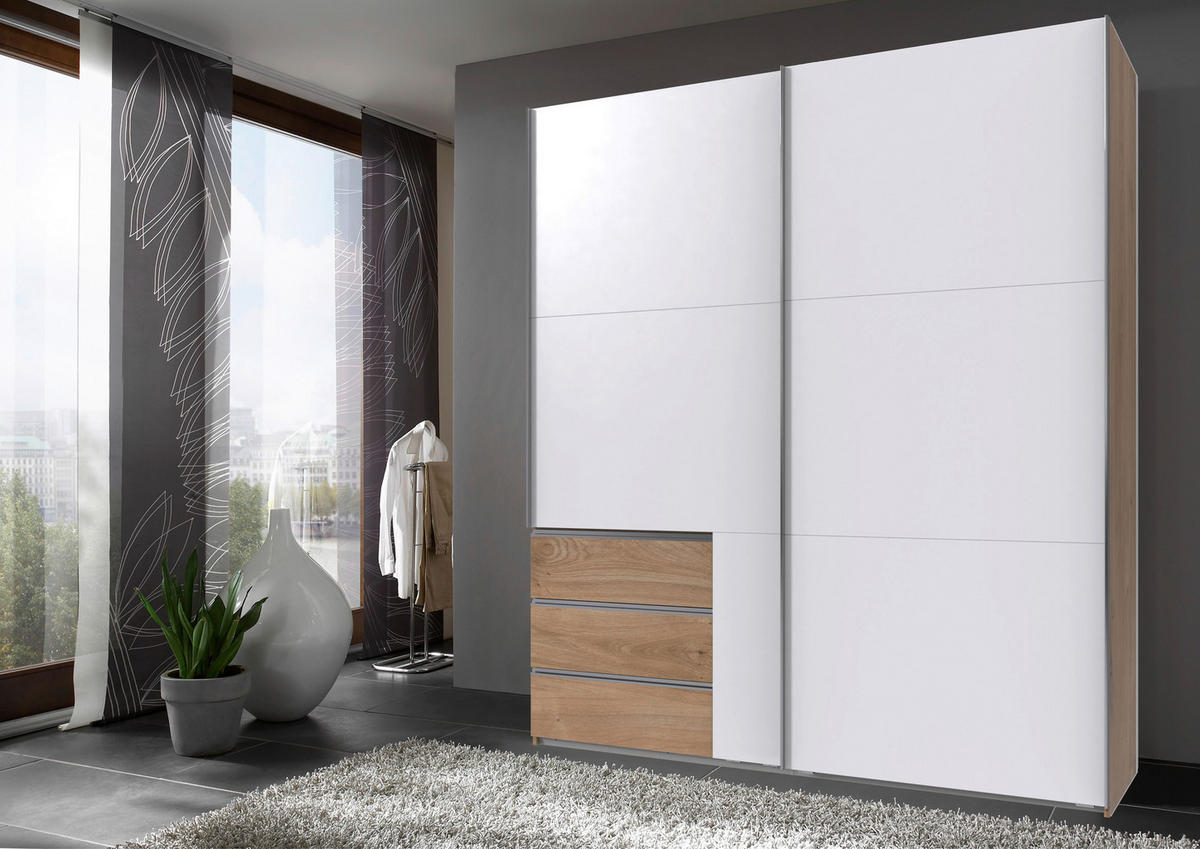 SCHWEBETÜRENSCHRANK 200/216/65 cm 2-türig Weiß, Plankeneiche  - Chromfarben/Plankeneiche, MODERN, Holzwerkstoff (200/216/65cm) - MID.YOU