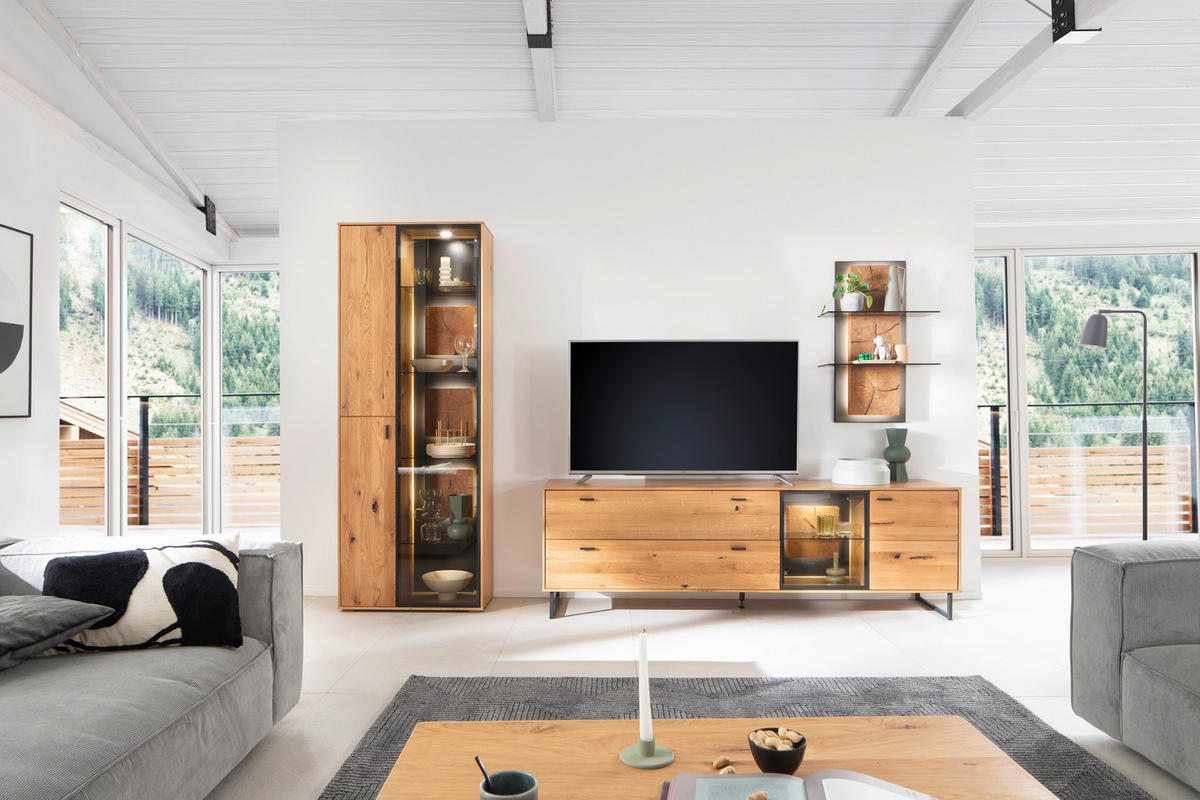 WOHNWAND  in Wildeiche 306/206/50 cm  - Wildeiche/Schwarz, Design, Glas/Holz (306/206/50cm) - MID.YOU