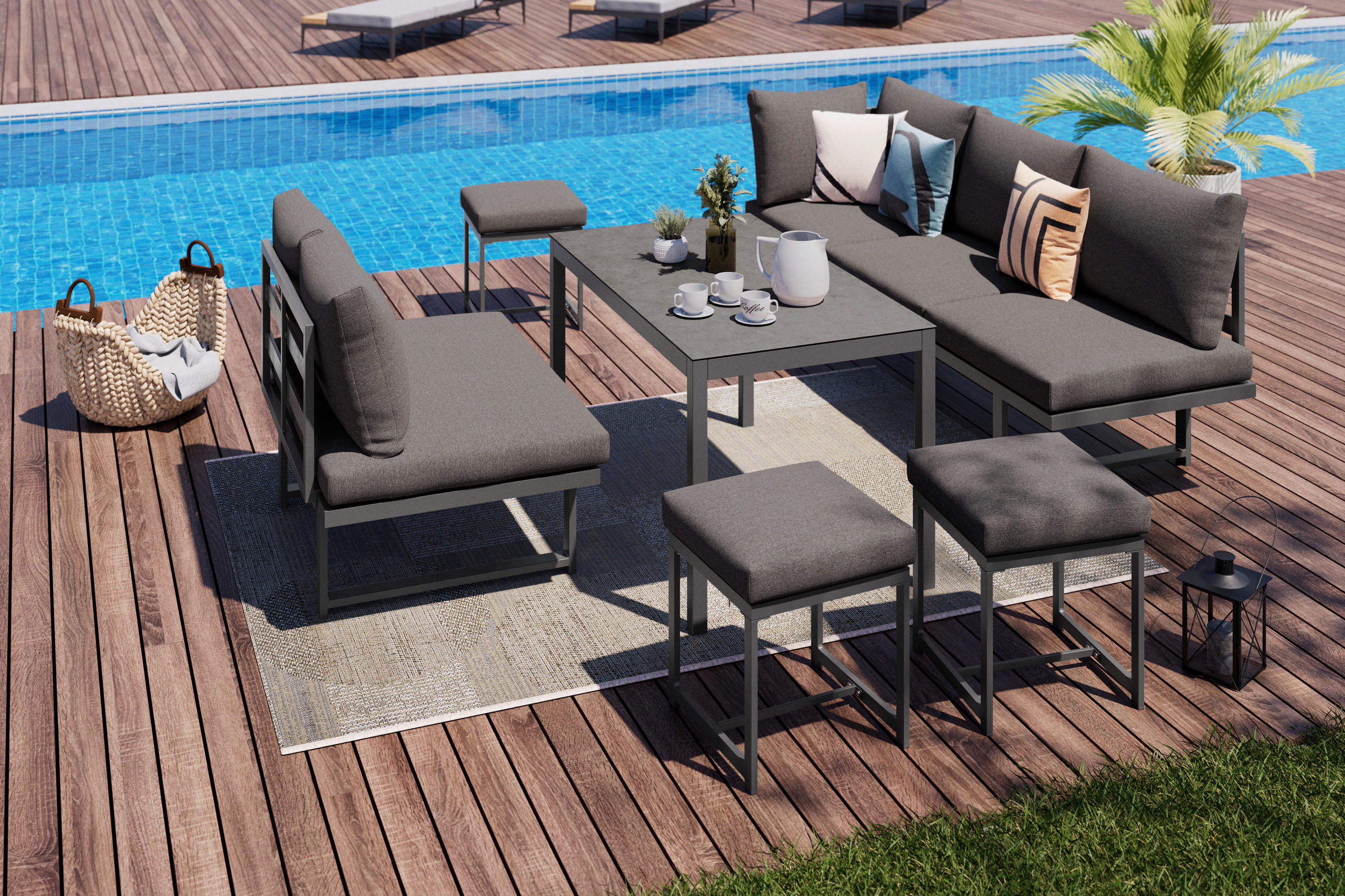 GARTENSET  6-teilig  - Dunkelgrau/Anthrazit, Design, Glas/Textil (212.5/74/176cm) - Ambia Garden