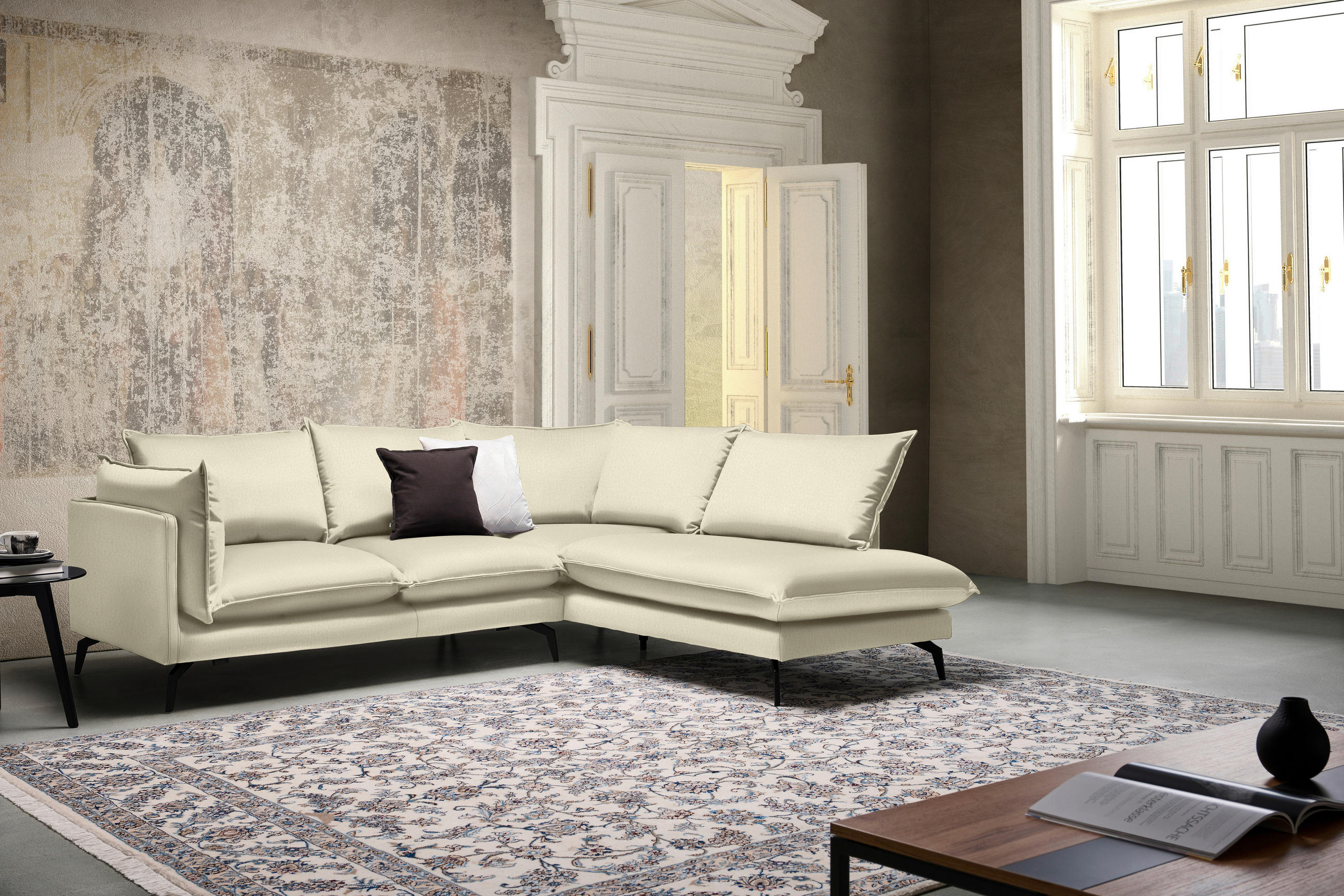 HÖRNSOFFA i sammet cremefärgad  - svart/cremefärgad, Design, metall/textil (241/200cm) - Carryhome