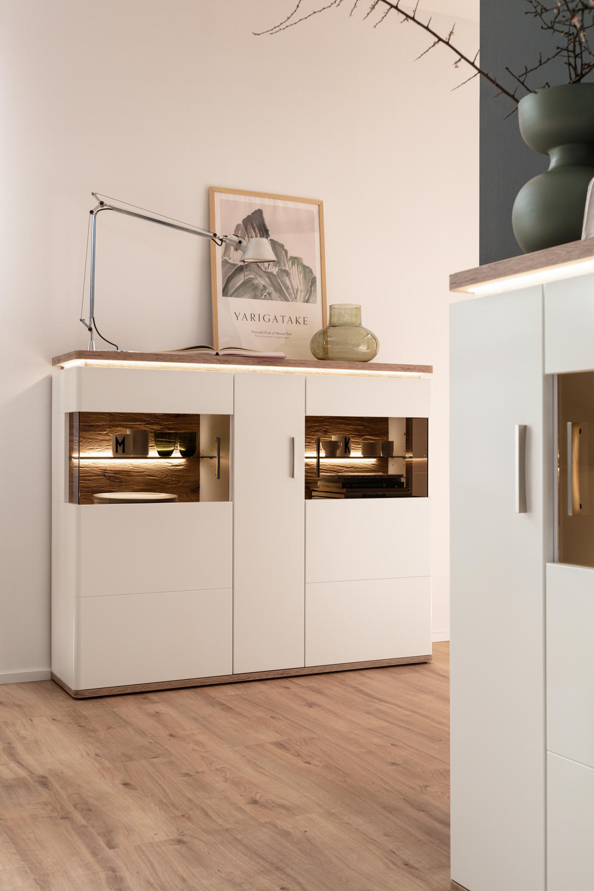 HIGHBOARD Tbilisi  in 150/124/38 cm  - Weiss/Eichefarben, Design, Glas/Holzwerkstoff (150/124/38cm) - Livetastic