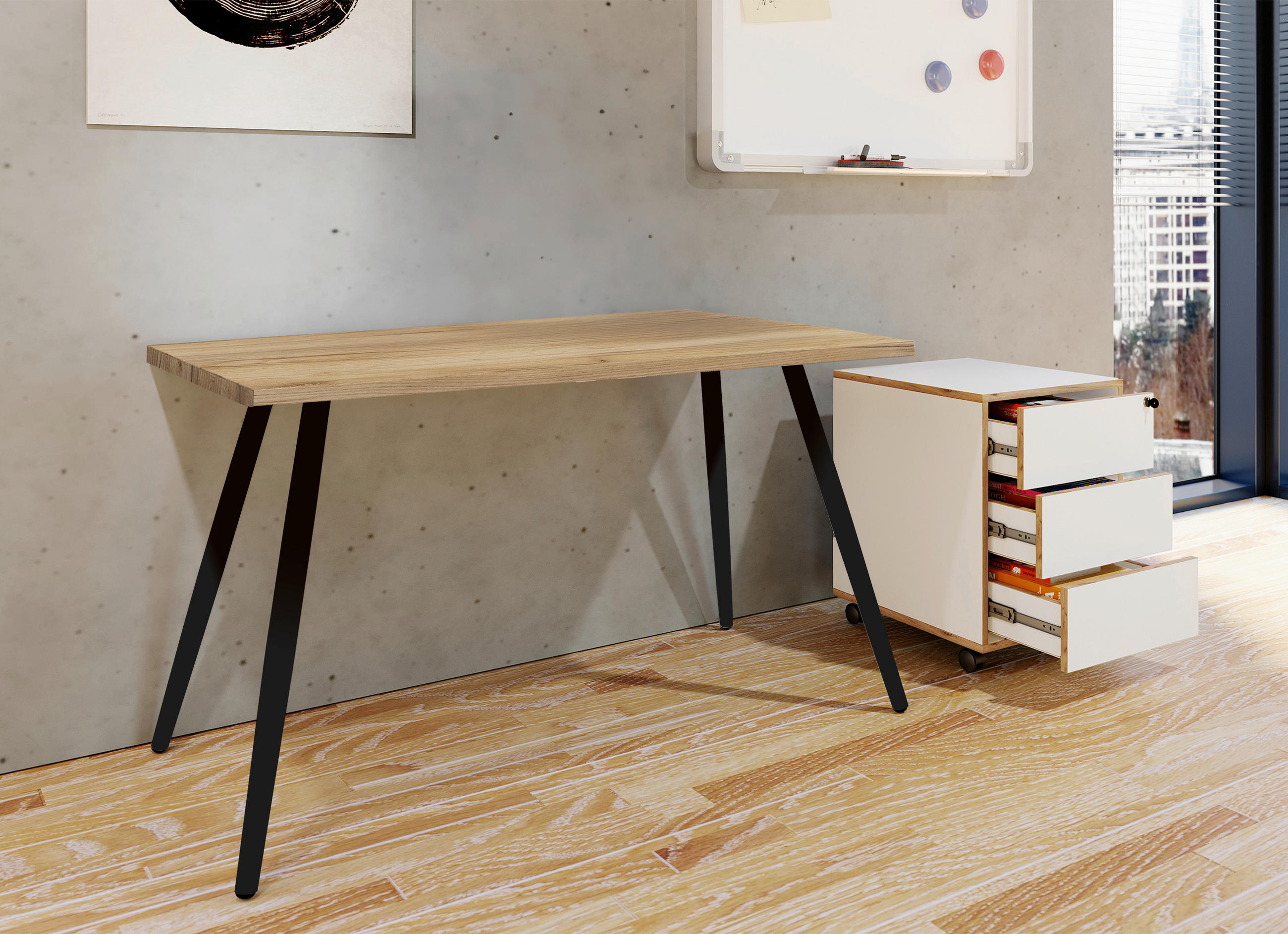 SCHREIBTISCH 110/80/70 cm  in Schwarz, Honigeiche  - Honigeiche/Schwarz, Modern, Holzwerkstoff/Metall (110/80/70cm) - MID.YOU