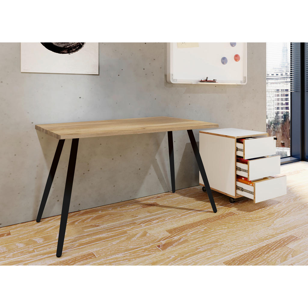 Thumbnail - Mid.you Schreibtisch, Schwarz, Honigeiche, Metall, Holzwerkstoff, rechteckig, konisch, 80x70x110 cm, Arbeitszimmer, Schr...