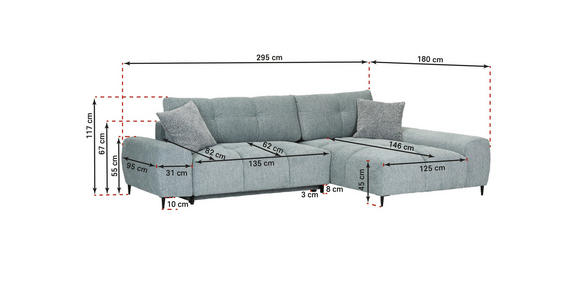 ECKSOFA in Flachgewebe Hellgrau  - Hellgrau/Schwarz, KONVENTIONELL, Textil/Metall (295/180cm) - Carryhome