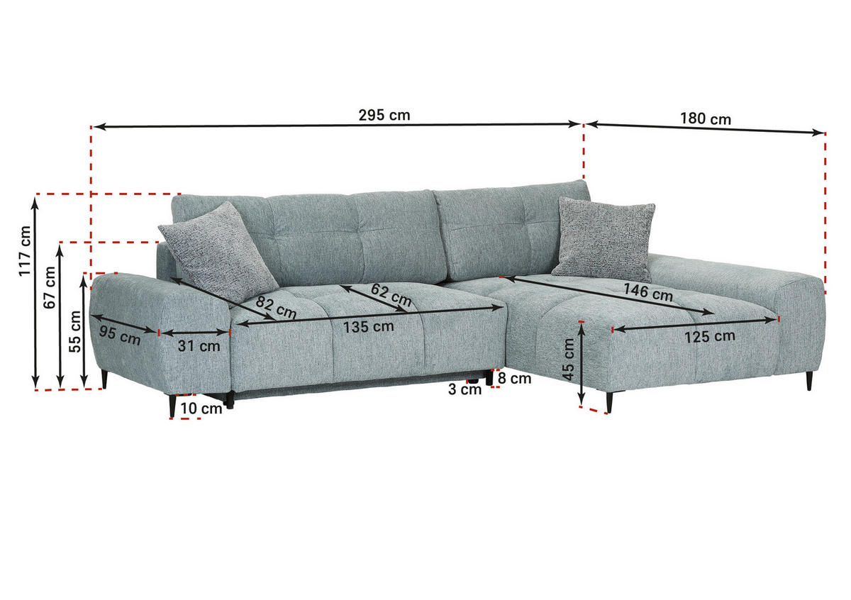 ECKSOFA in Flachgewebe Hellgrau  - Hellgrau/Schwarz, KONVENTIONELL, Textil/Metall (295/180cm) - Carryhome