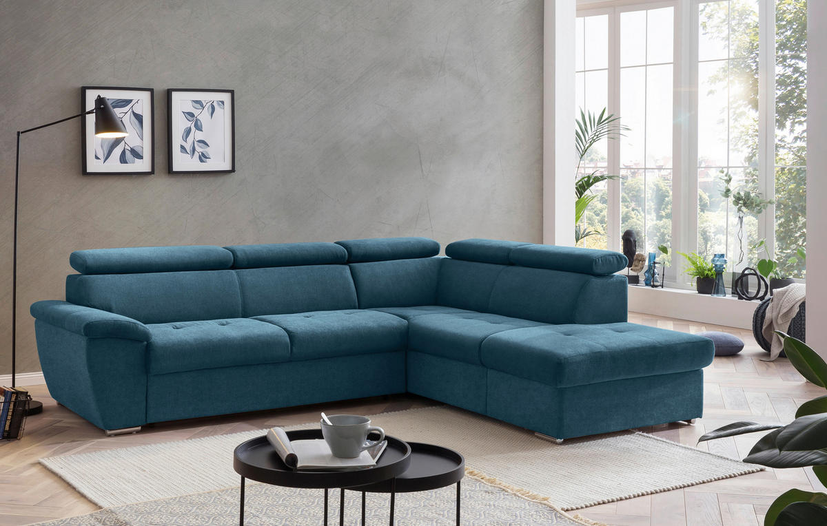 ECKSOFA Hellblau Chenille  - Chromfarben/Hellblau, Design, Textil/Metall (262/216cm) - Livetastic