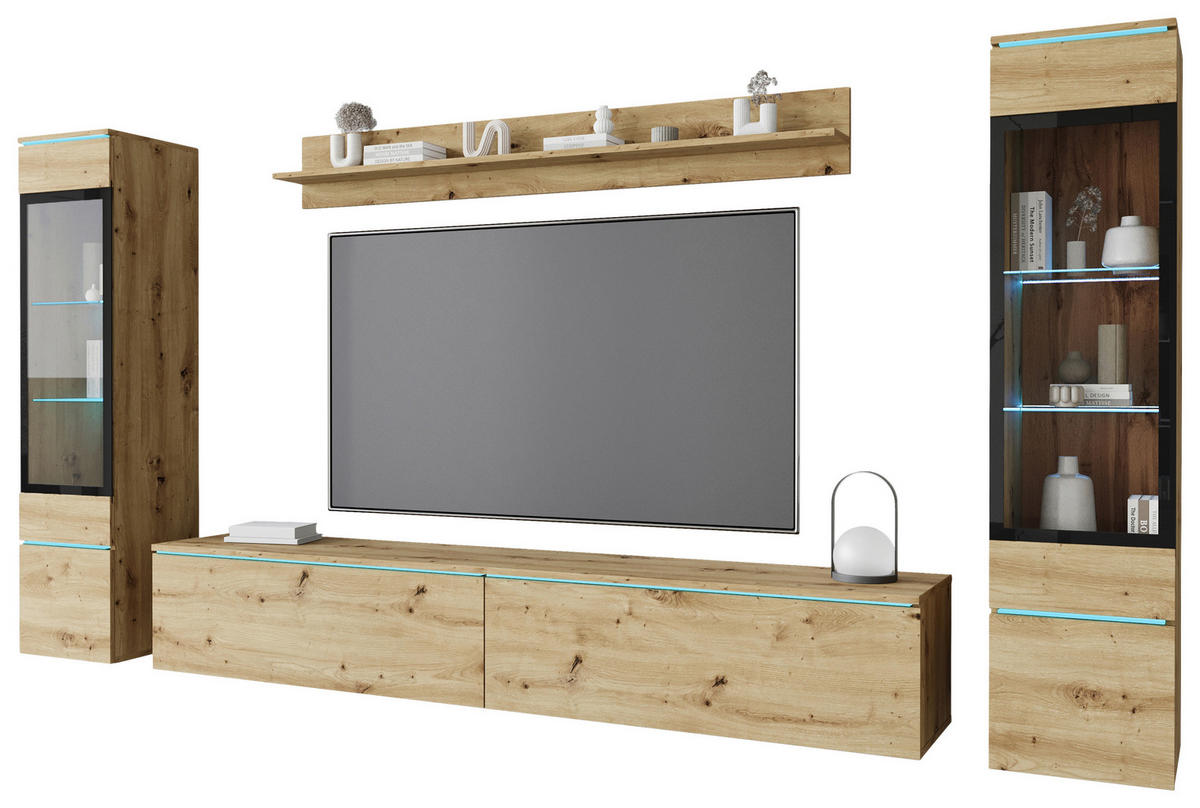WOHNWAND 4-teilig  in Eiche Artisan 240/130/33 cm  - Eiche Artisan/Grau, Basics, Glas/Holzwerkstoff (240/130/33cm) - Livetastic