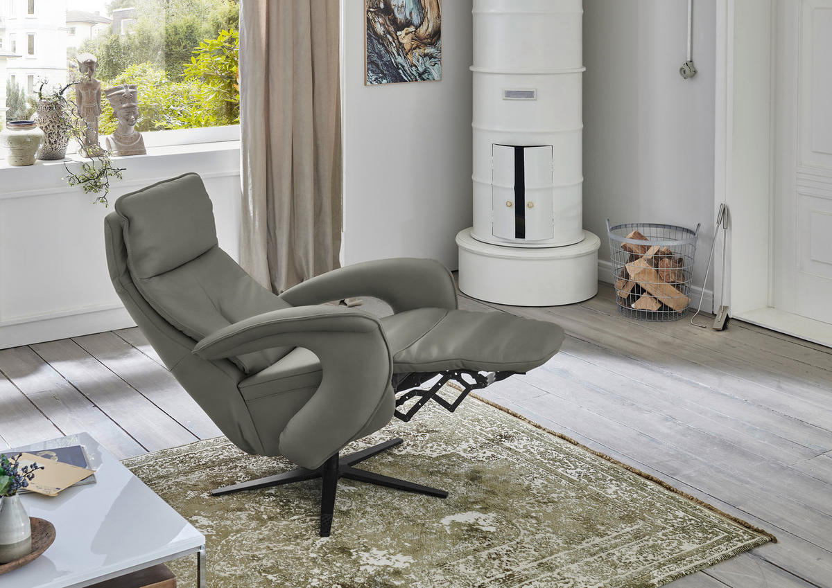 RELAXSESSEL in Leder Grau  - Schwarz/Grau, Design, Leder/Metall (77/110/87cm) - Valdera