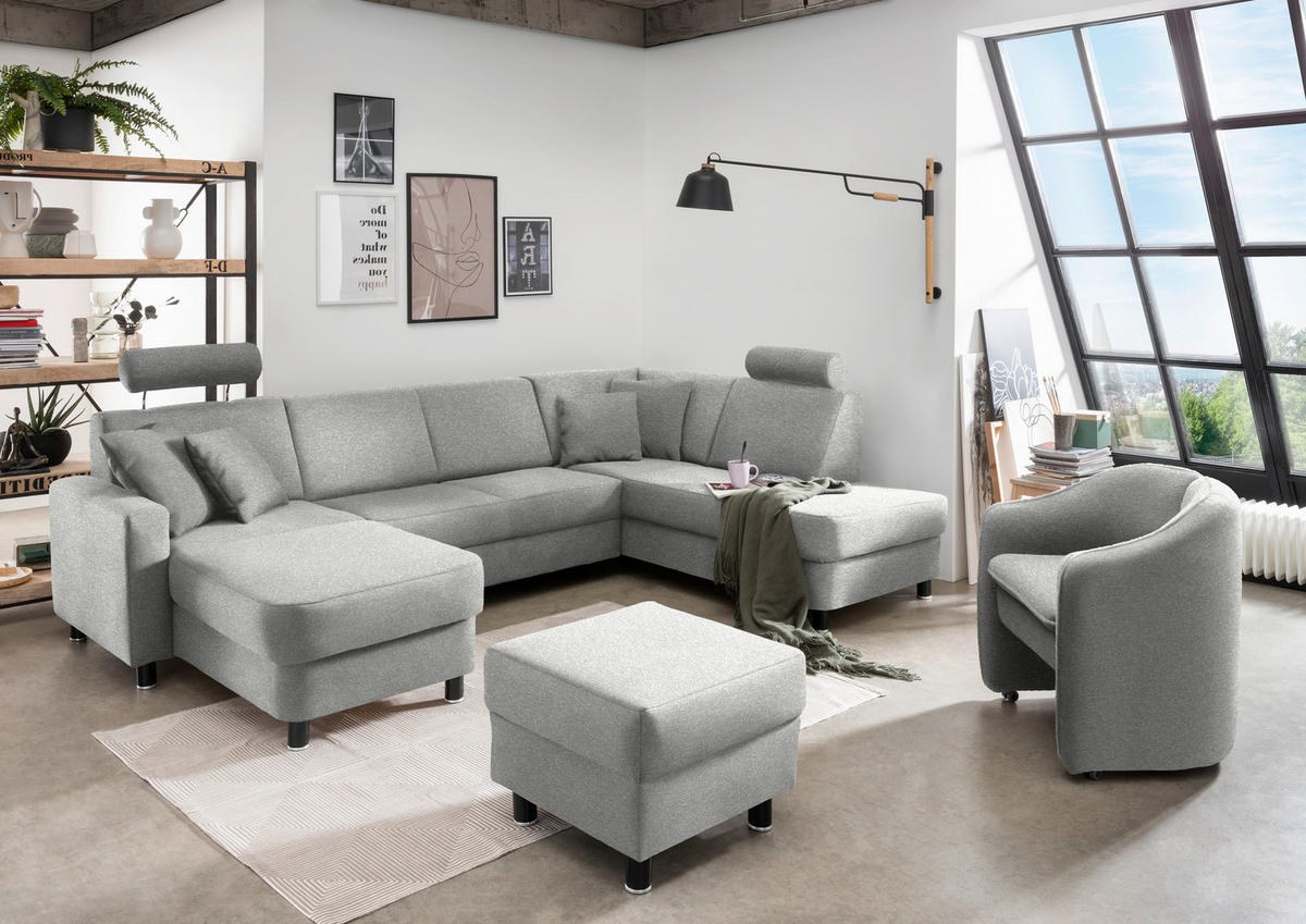 WOHNLANDSCHAFT in Webstoff Platinfarben  - Platinfarben/Schwarz, Design, Holz/Textil (165/296/198cm) - Xora