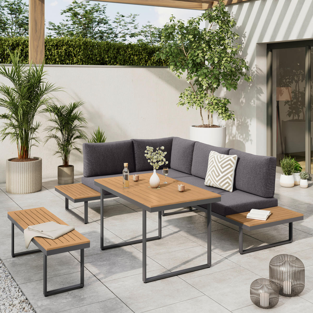 LOUNGEGARNITUR Aluminium, Stahl  - Dunkelgrau/Naturfarben, MODERN, Kunststoff/Textil - Ambia Garden