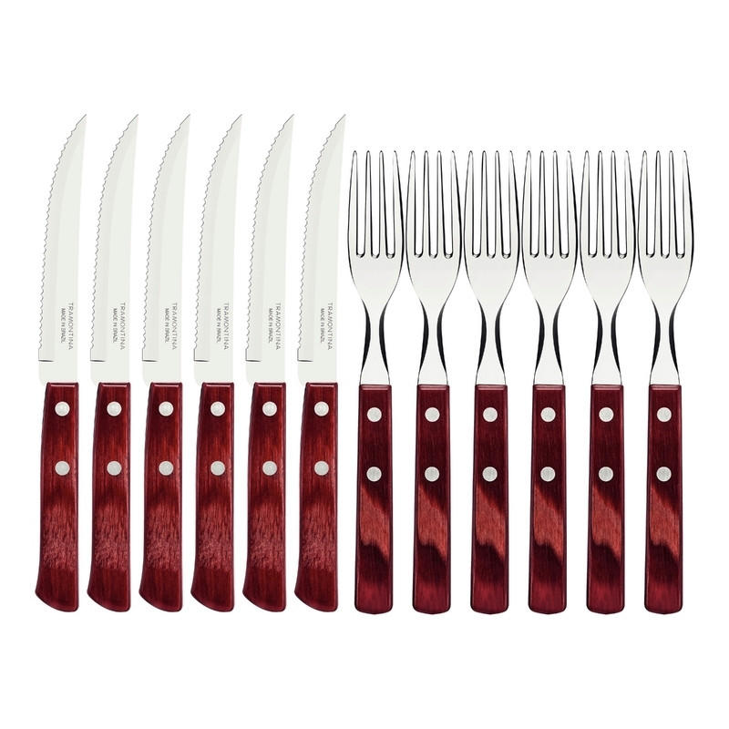 STEAKBESTECK Churrasco 12-teilig  - Edelstahlfarben/Rot, Basics, Holz/Metall (21.2cm)