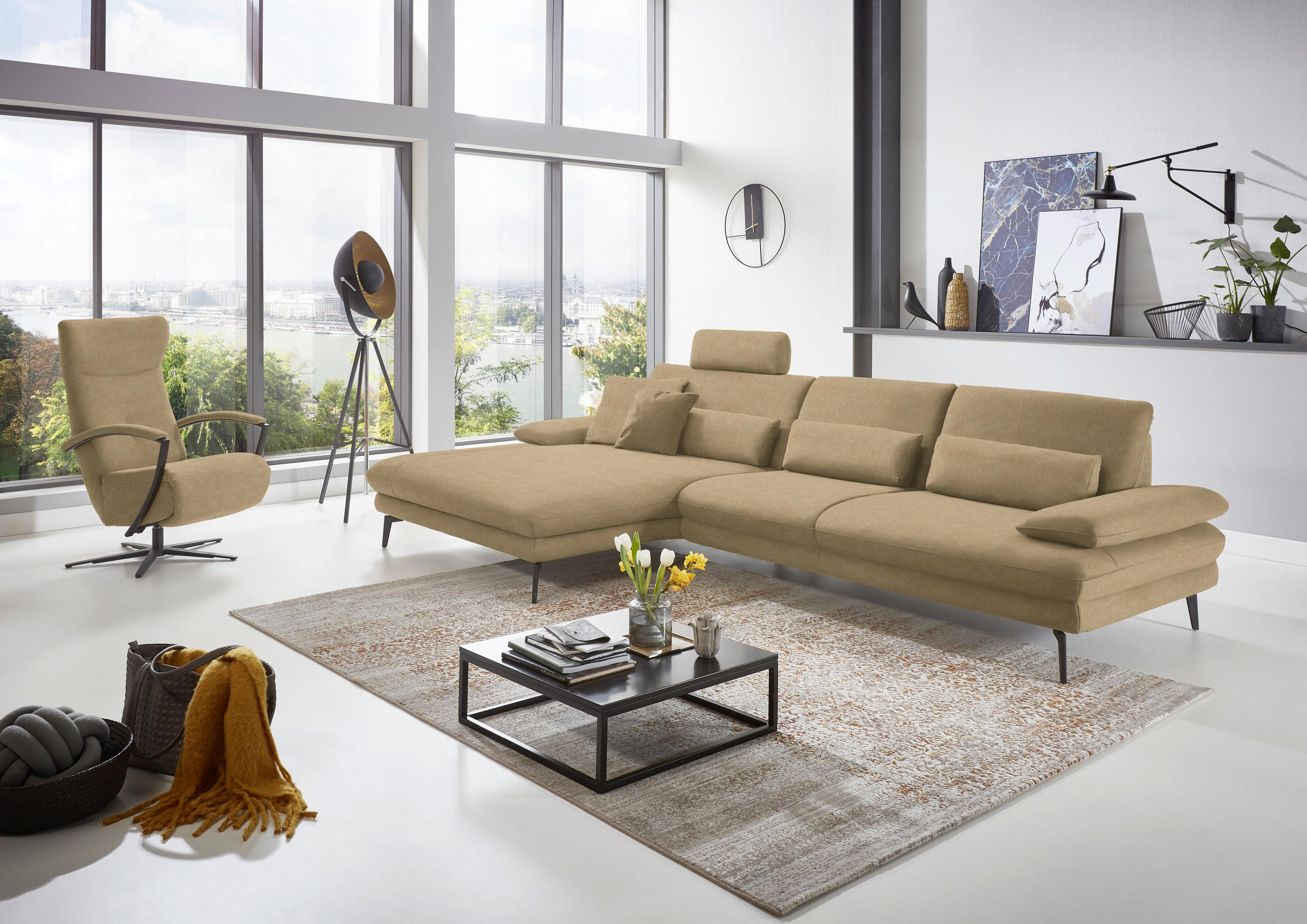 ECKSOFA in Velours Cappuccino  180/310 cm  - Schwarz/Cappuccino, Design, Textil/Metall (180/310cm) - Dieter Knoll