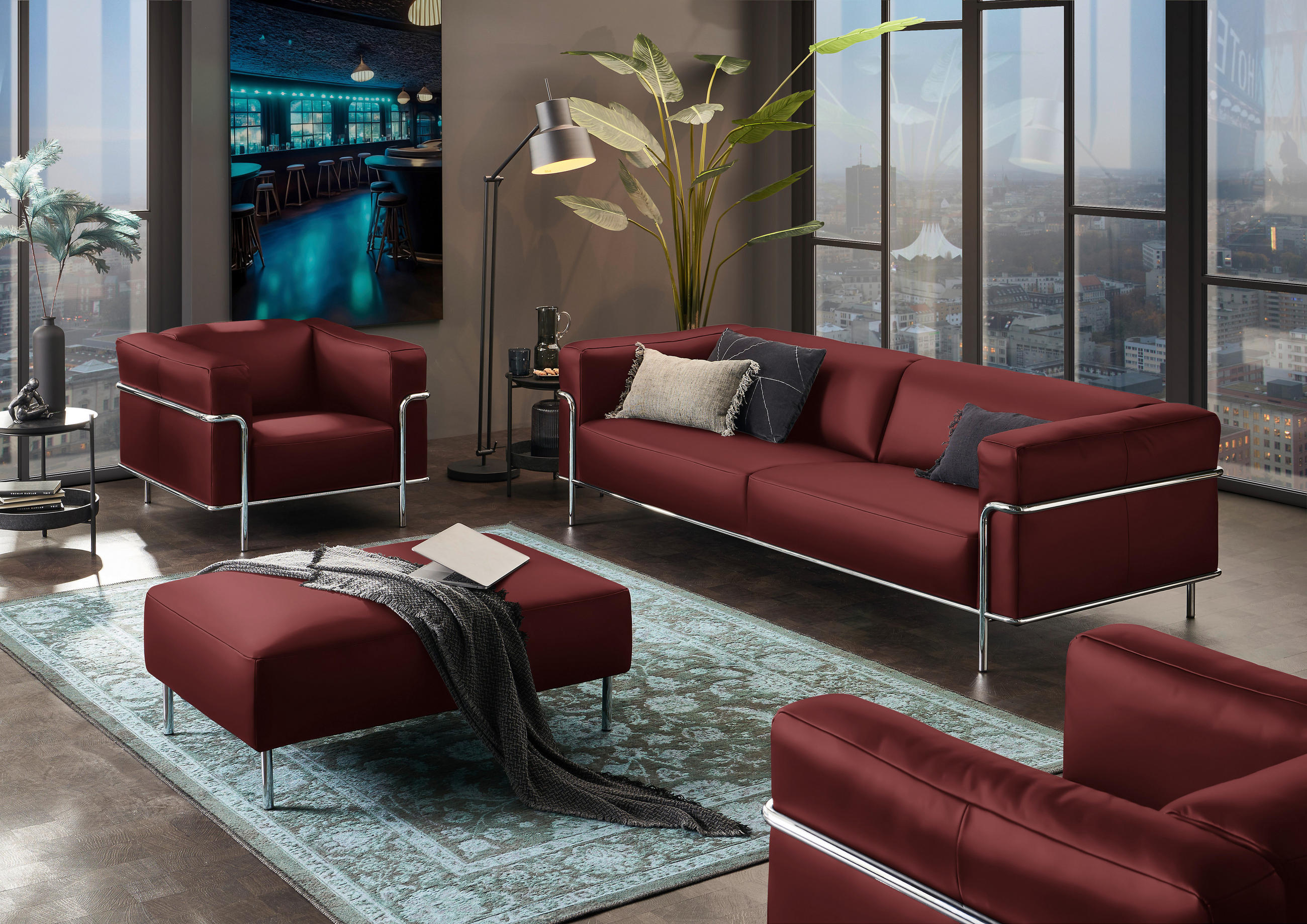 3-SITZER-SOFA in Echtleder Rot  - Chromfarben/Rot, Design, Leder/Metall (236/67/96cm) - Johann Jakob