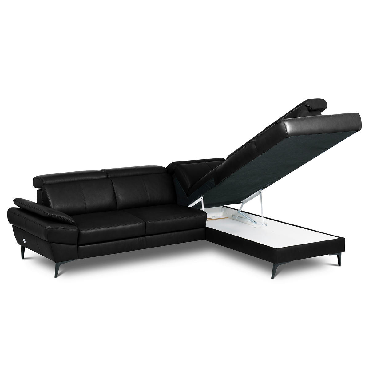 ECKSOFA Schwarz Echtleder Lederlook Bettkasten, Schlaffunktion, Rücken echt, Armteilverstellung, Kopfteilverstellung  - Schwarz, Design, Leder/Textil (264/211cm) - Livetastic